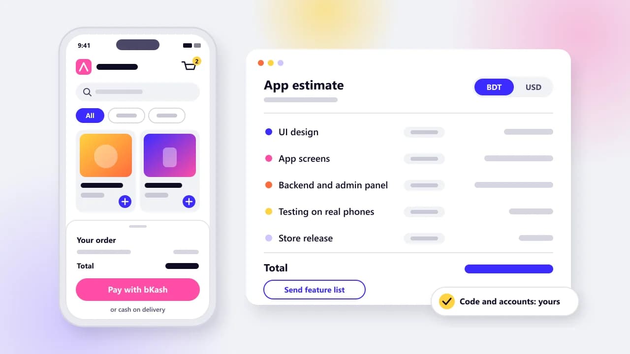 Mockup of a phone shopping app with a Pay with bKash button next to an app estimate card that has a BDT and USD toggle, one line per part of the job from UI design to store release, and a badge saying the code and accounts are yours