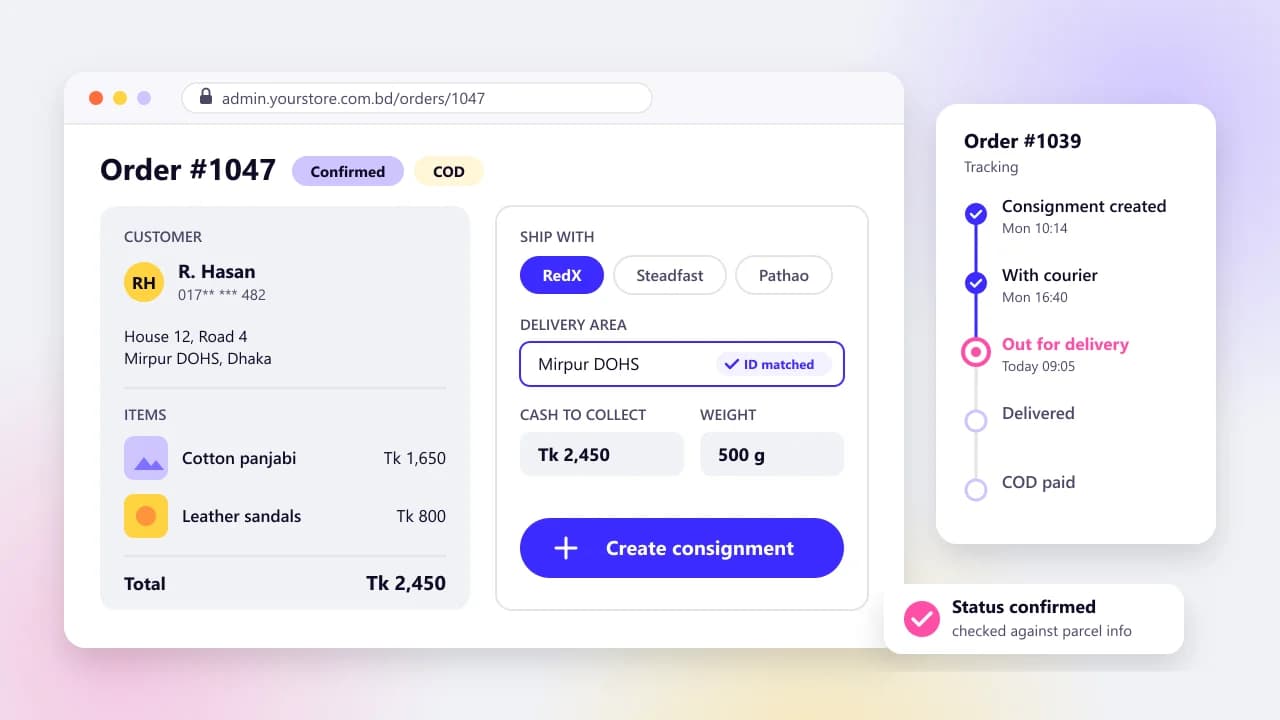 Mockup of a store's order admin panel with a Create consignment button, courier options shown as labelled pills, a COD amount and a parcel tracking timeline