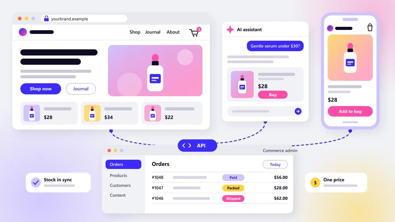 Mockup of a headless commerce setup: a custom storefront in a browser window beside a separate commerce back office with an orders list, joined by an API line that also feeds a phone app and an AI shopping assistant showing the same product