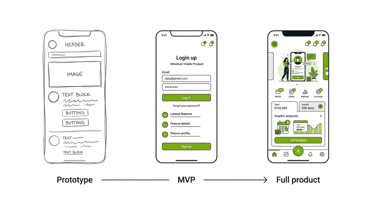Comparison illustration of a prototype, an MVP and a full product on a timeline