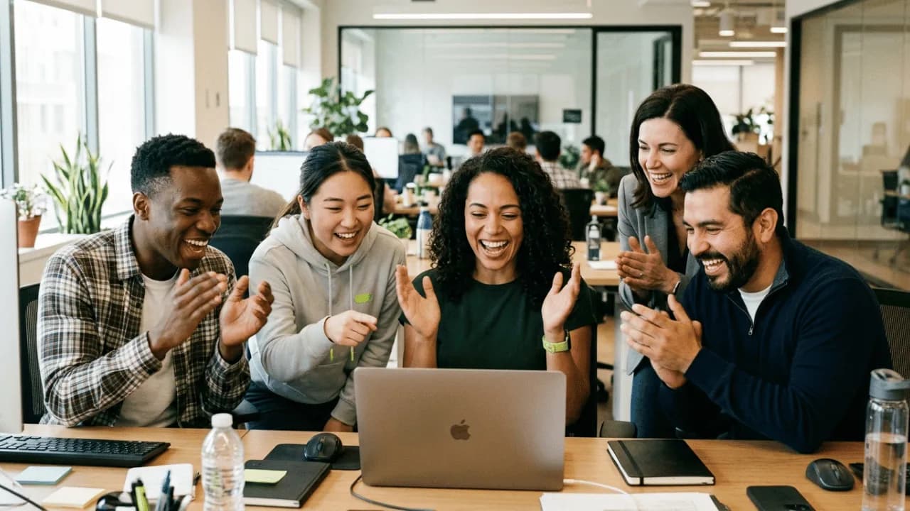 A product team celebrating the launch of a minimum viable product