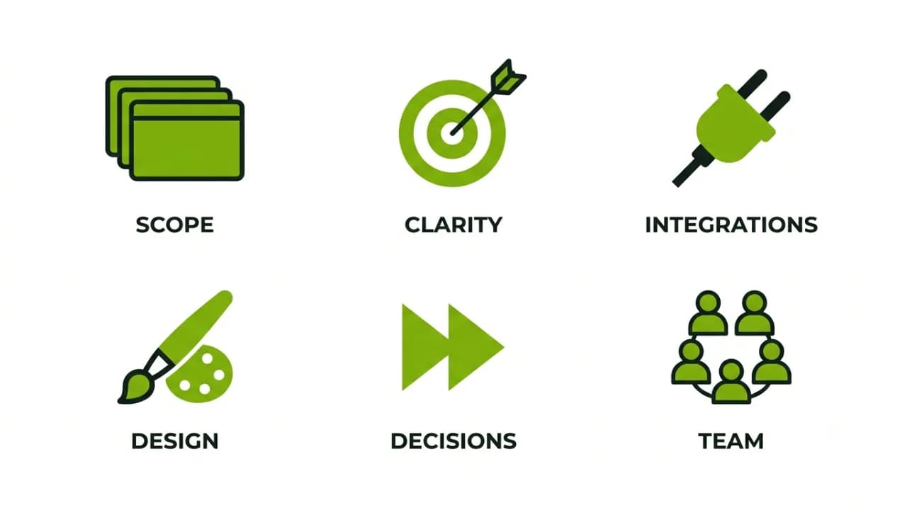 Infographic of factors that affect MVP timeline: scope, clarity, integrations, design, decision speed, team
