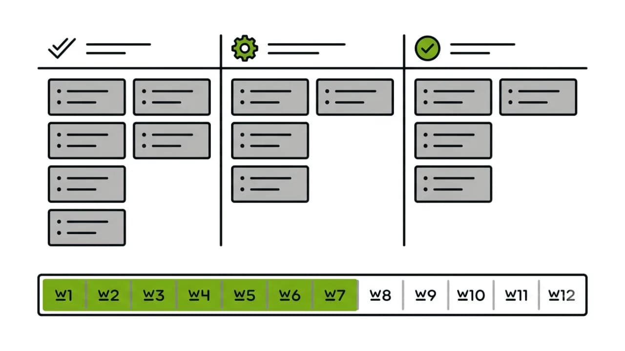 Sprint board illustration of a 12-week SaaS MVP build broken into weekly focus areas