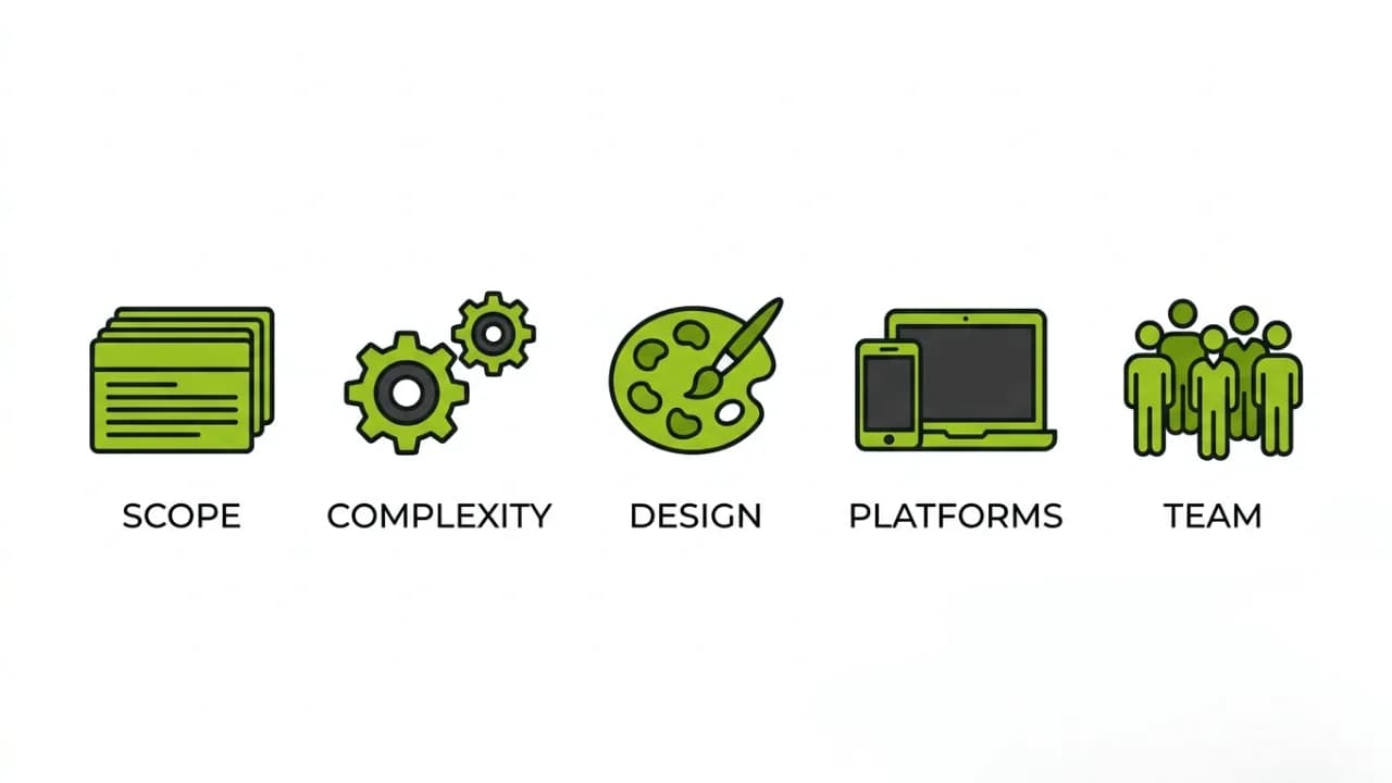 Infographic of the five main factors that affect custom software cost: scope, complexity, design, platforms, and team