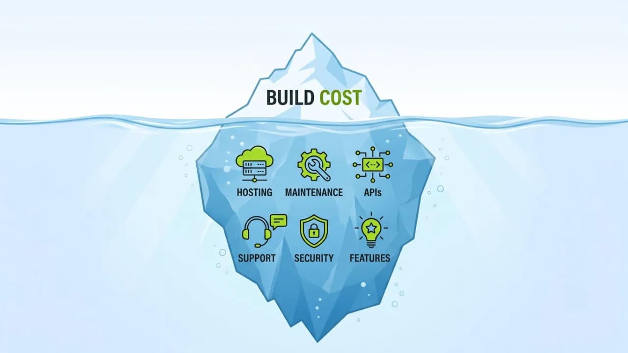 Iceberg infographic showing the visible build cost above the waterline and hidden ongoing costs below it
