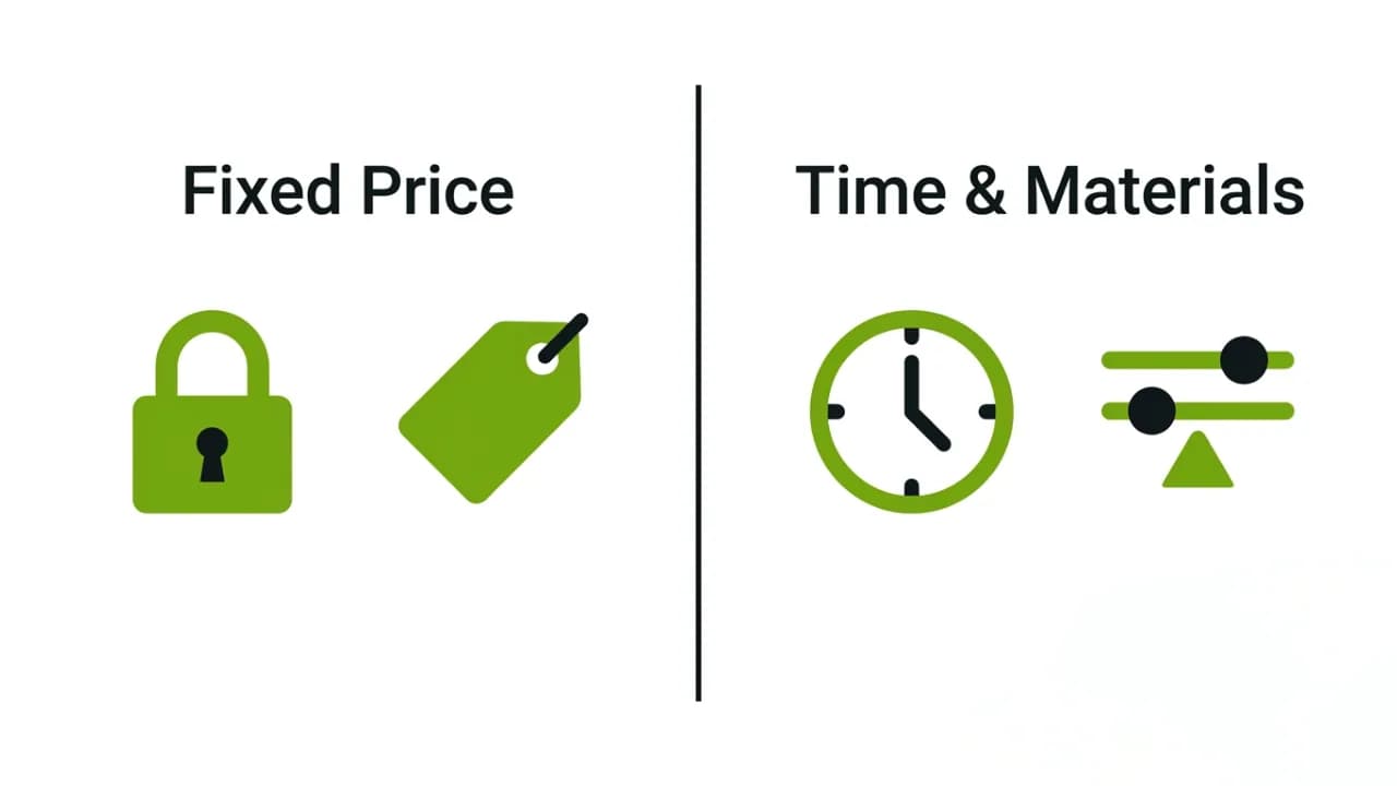 Side-by-side comparison illustration of fixed-price versus time and materials software pricing models