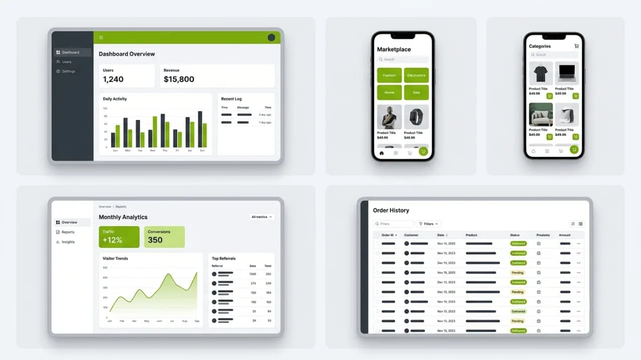 Comparison illustration of four product types: MVP dashboard, marketplace app, SaaS platform and enterprise system