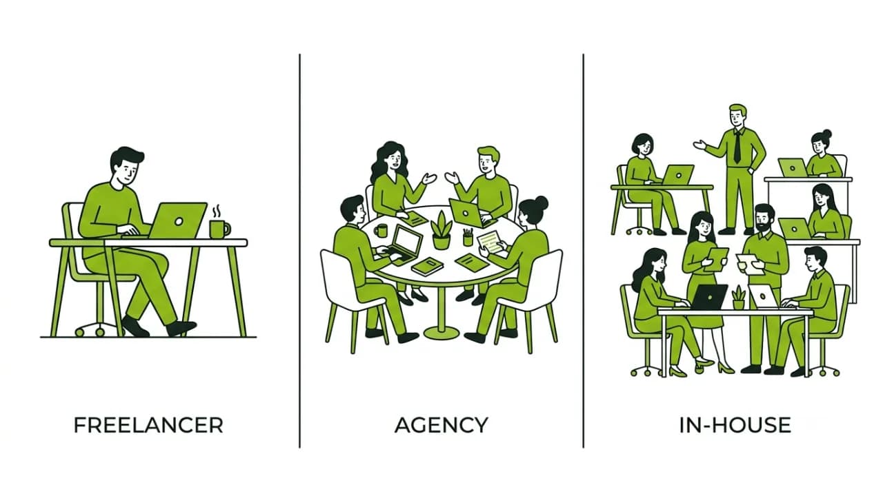 Comparison illustration of freelancer, agency and in-house team options for building software
