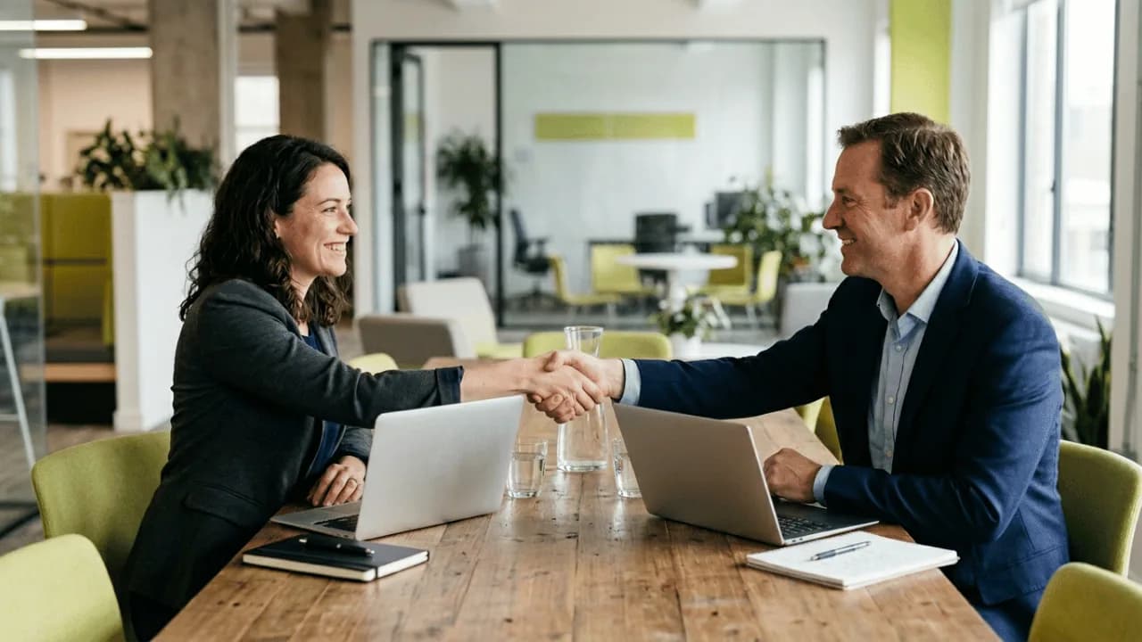 Two business people shaking hands to begin a software development partnership