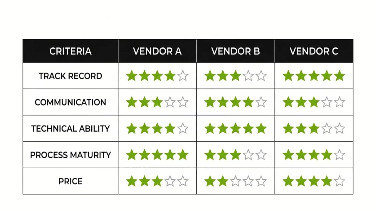 A vendor scorecard template for scoring software development companies against weighted criteria