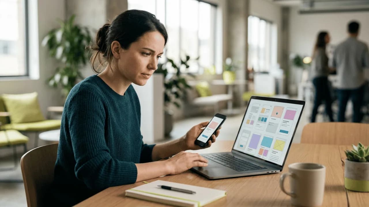 A person reviewing a software company's portfolio of live products on a laptop and phone