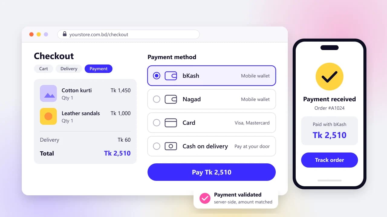 Mockup of a Bangladeshi online store checkout in a browser, with bKash, Nagad, card and cash on delivery payment options and a Tk 2,510 total, beside a phone showing the payment received