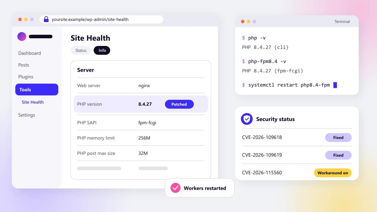 Mockup of a WordPress Site Health screen showing PHP version 8.4.27 marked patched, beside a terminal running php -v and php-fpm -v and a security status card listing CVE-2026-109618 and CVE-2026-109619 as fixed and CVE-2026-115560 with its workaround on
