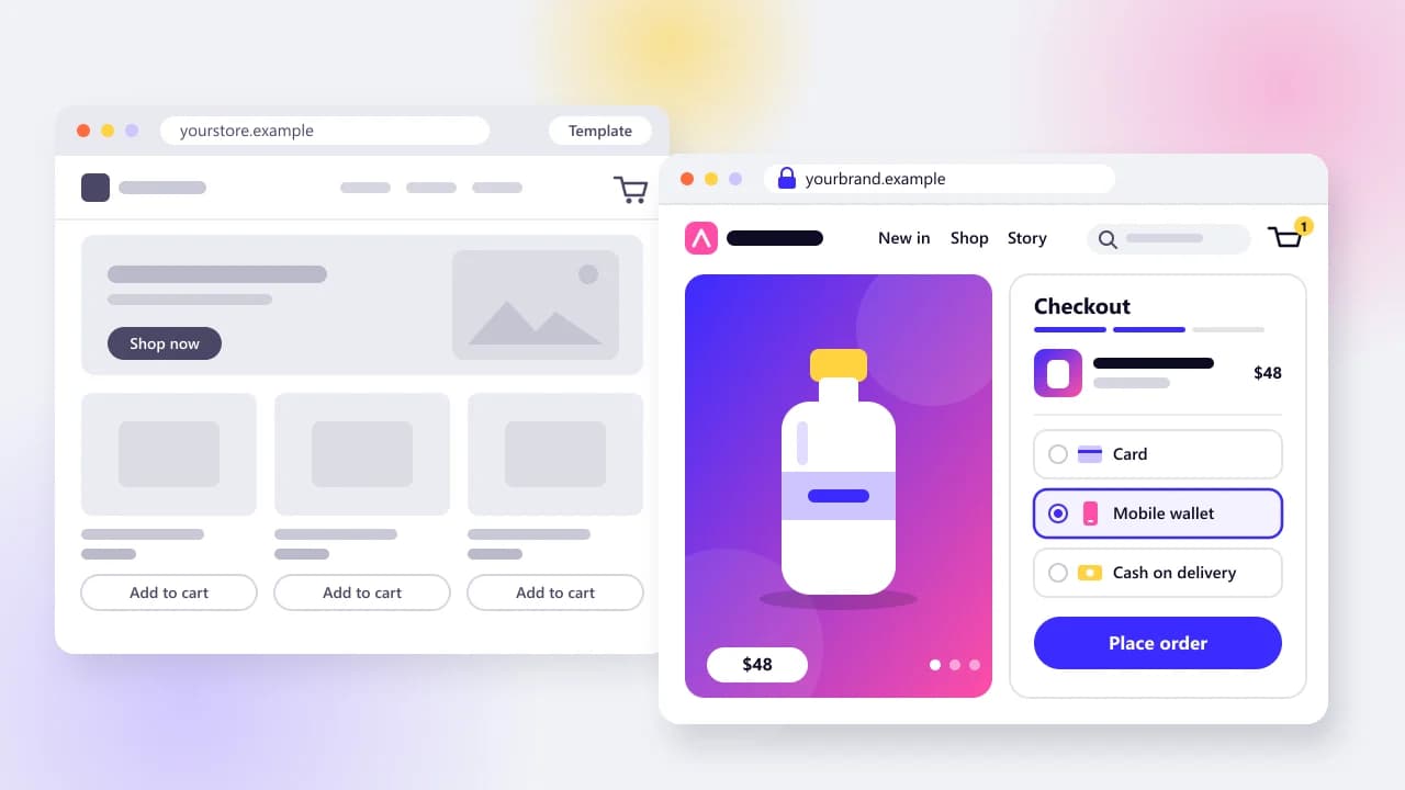 Mockup of two browser windows side by side: a template storefront with a standard product grid, and a custom storefront with its own layout and a checkout that offers card and mobile wallet payments or cash on delivery