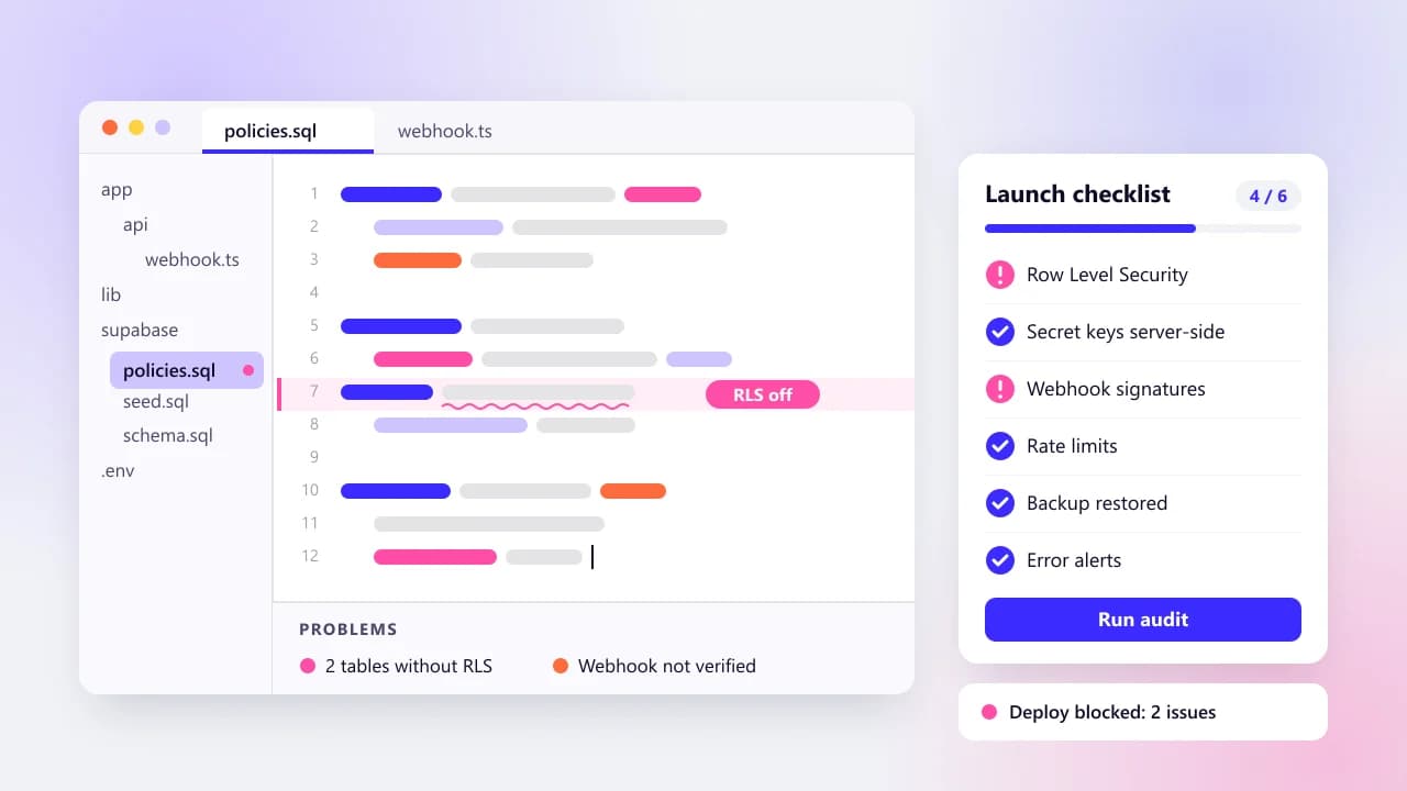 Mockup of a code editor open on an AI-built app's database policy file, beside a production-readiness checklist panel that flags missing Row Level Security and webhook checks