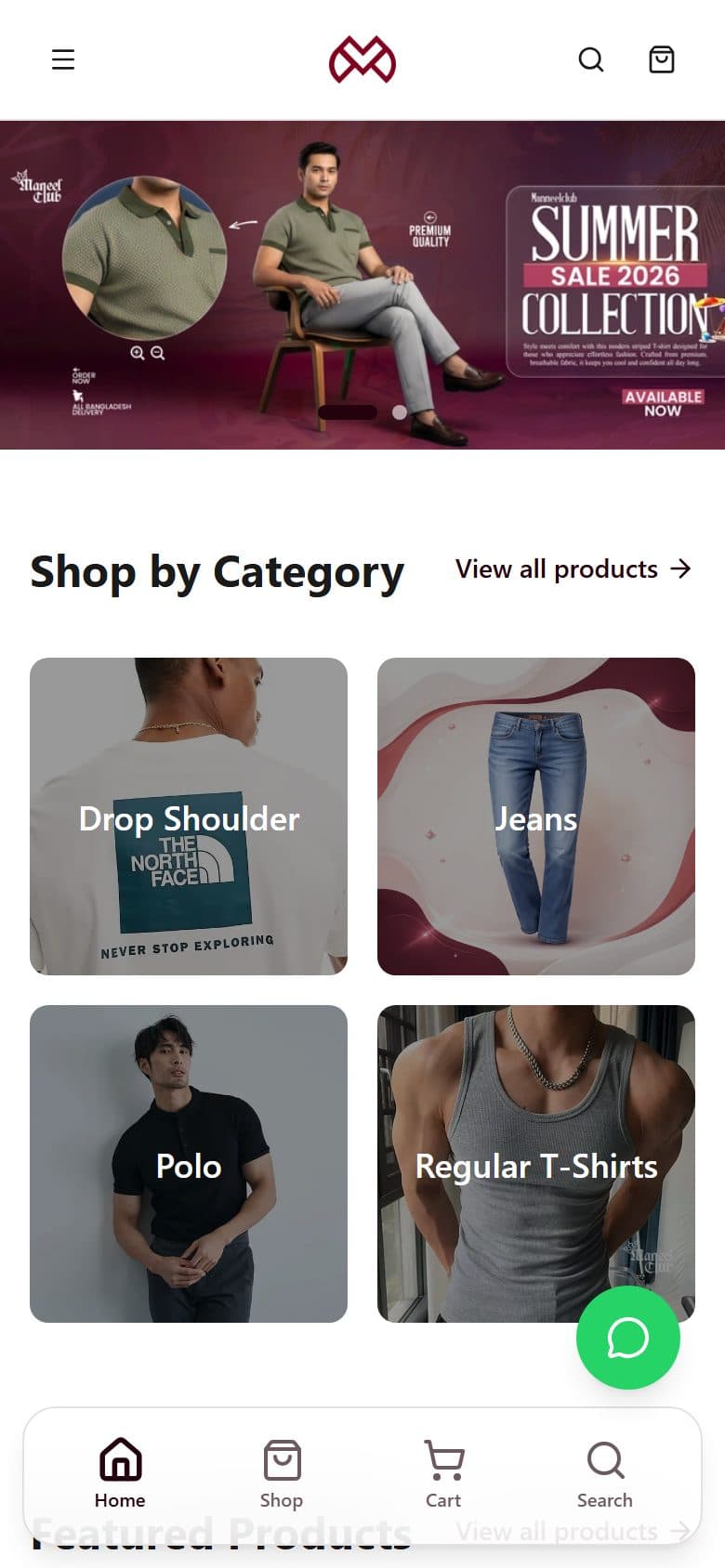 Maneel Club's new store home page on a phone